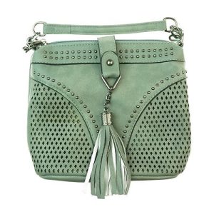Grey Stud Patterned Tassel Shoulder Bag