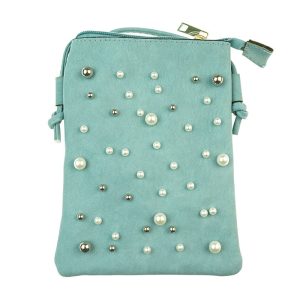 Aqua Pearl & Silver Studded Suede Crossbody / Shoulder Bag