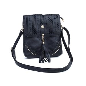 Black Flap Studded/Patterned Shoulder Bag