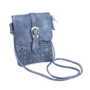 Grey Blue Patterned & Buckle Crossbody Bag
