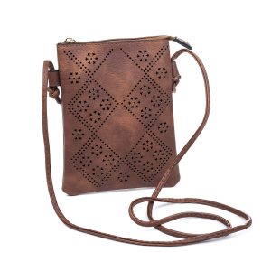Rich Caramel Diamond Flower Patterned Crossbody Bag