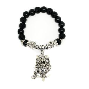 Owl With Diamantes on Black Bracelet