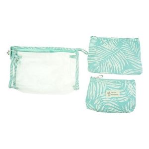 Set of 3 Aqua and White Fern Zipped Cosmetic Bags