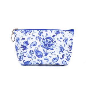 Blue Patterned Floral Cosmetic Bag