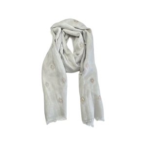 Sparkly Gold Peacock Feather on Grey Scarf