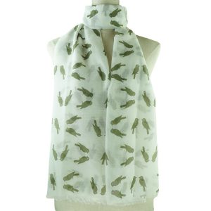 Olive Green Birds on White Scarf