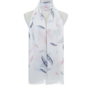 Blue & Pink Feathers on White Scarf