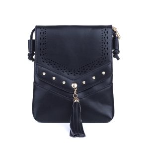 Black Studded Patterned Flap Crossbody Bag