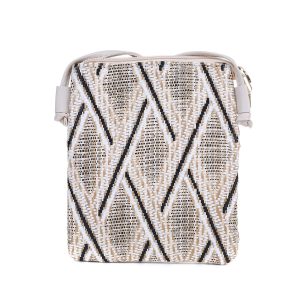 Beige Black & White Thatched Crossbody Bag