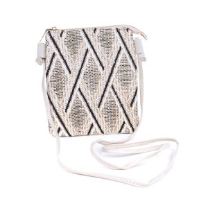 Beige Black & White Thatched Crossbody Bag