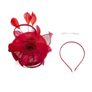 Elegant Scarlet Red Feather & Flower Fascinator
