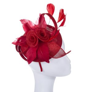 Elegant Scarlet Red Feather & Flower Fascinator