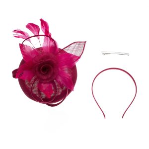 Elegant Crimson Pink Feather & Flower Fascinator