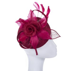 Elegant Crimson Pink Feather & Flower Fascinator