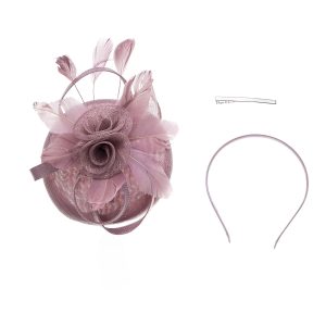 Elegant Dusky Pink Feather & Flower Fascinator