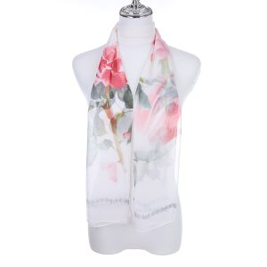 White with Pink Rose Pattern Lightweight Scarf